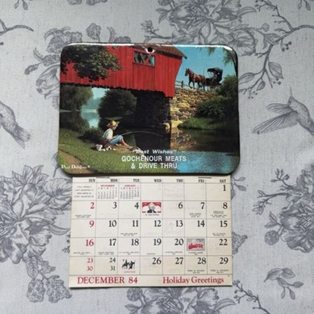 Vtg 80s Gochenour Meats Calendar Hot Plaque Paul Detlefsen Covered Bridge